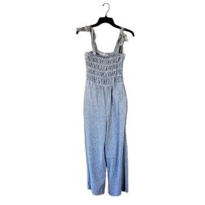 Linen Blend Gray & White Smocked Striped Jumpsuit with Tie Straps…